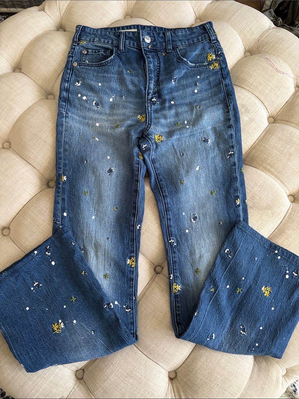 Anthropologie Pilcro Indigo Flare Jeans with Yellow & White Embroidery